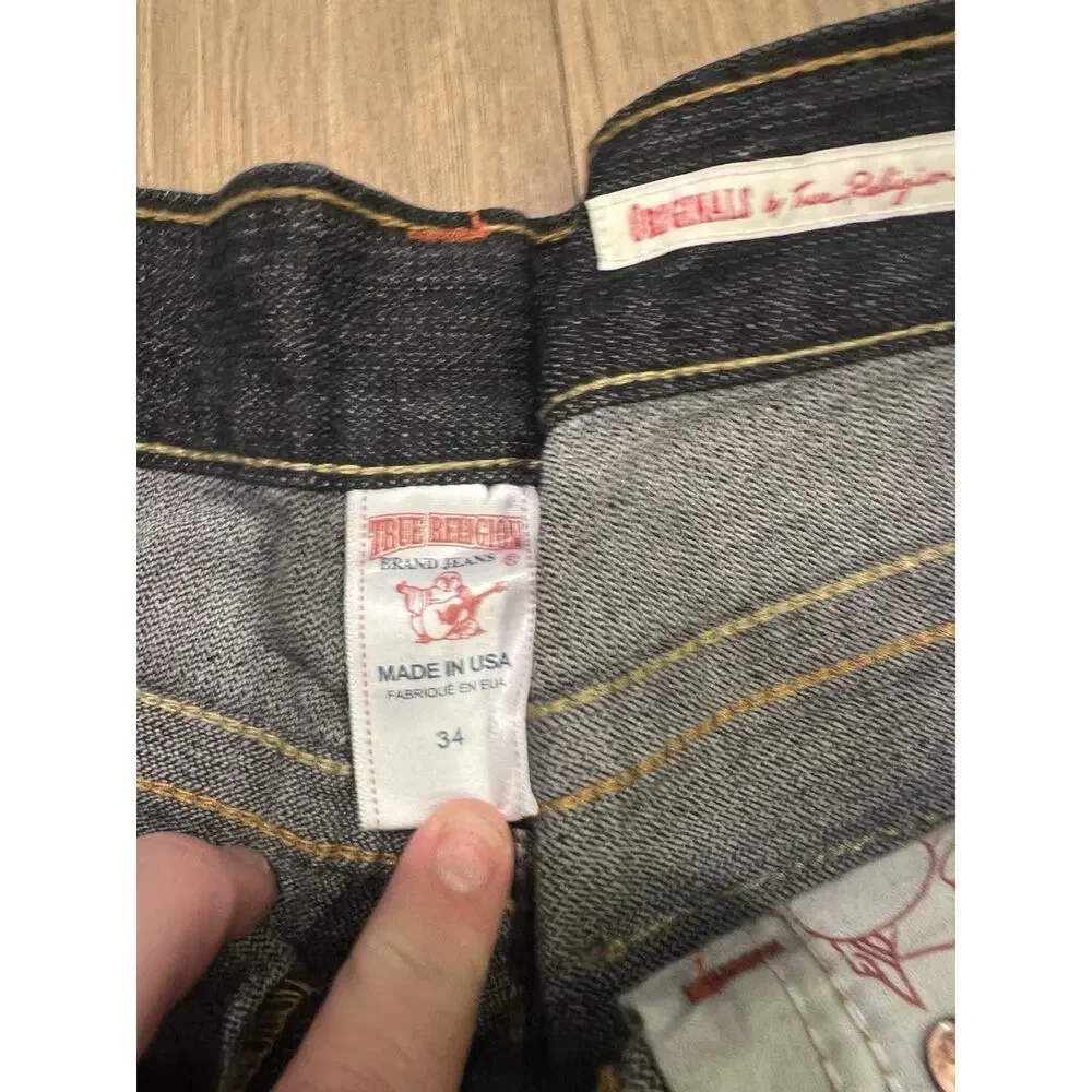 New True Religion Black Straight Ricky Jeans USA 34 Big T Flap Y2K